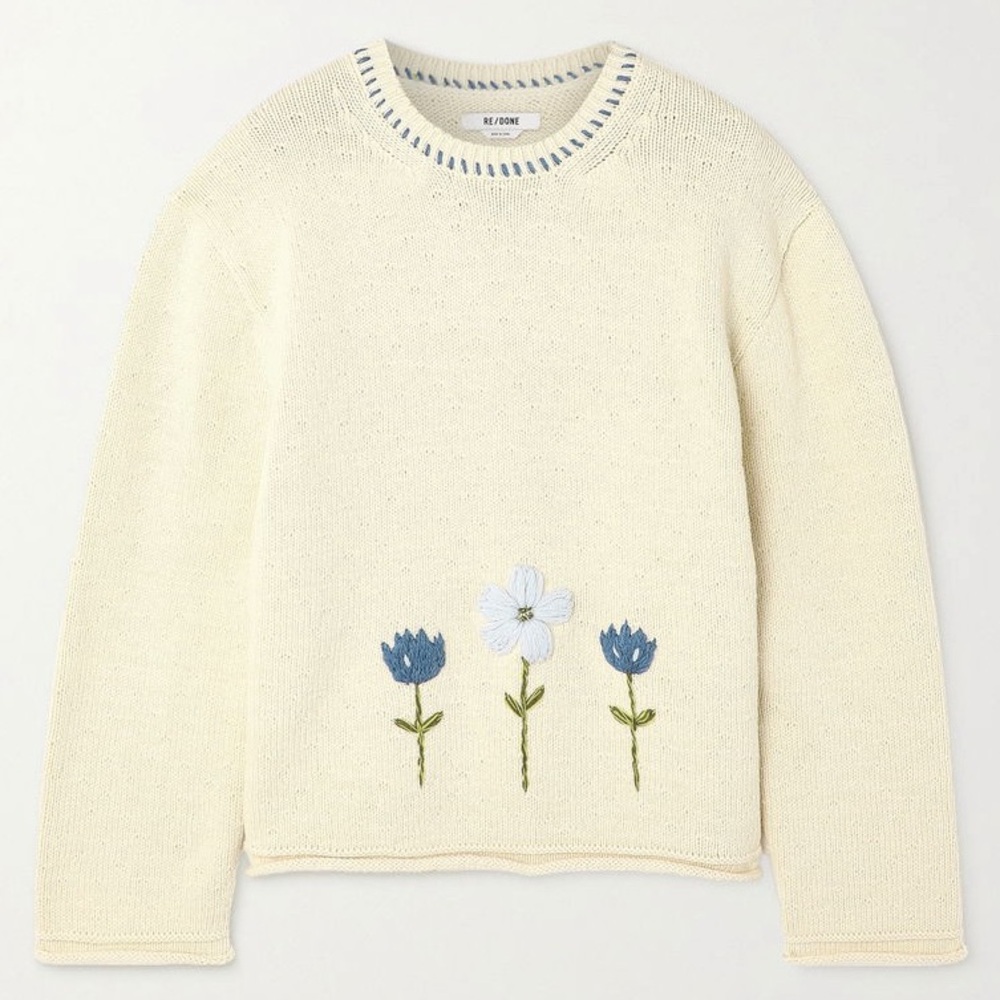 Re/Done 50s Floral Embroidered Cream Crewneck Knit Sweater Size M